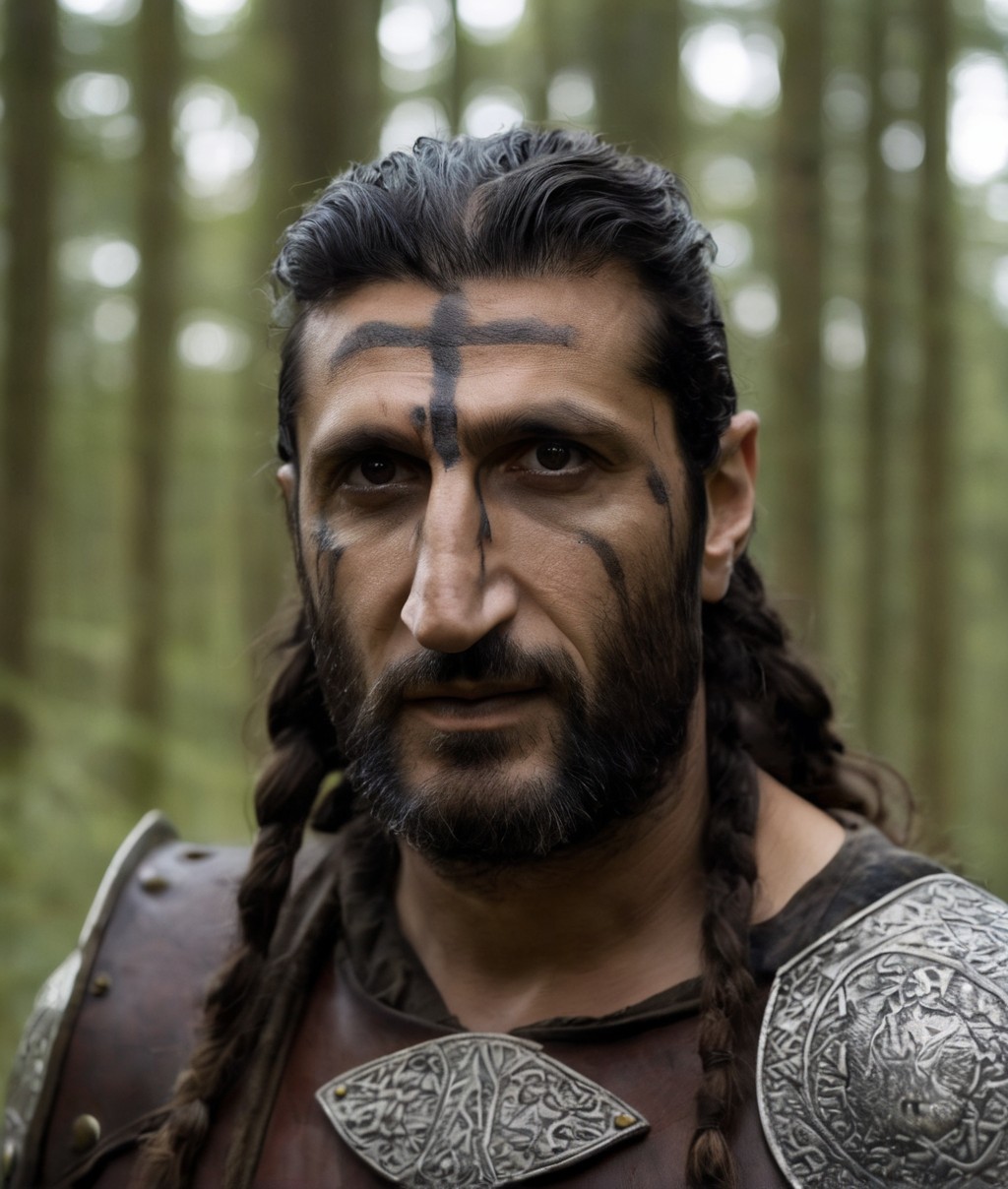 09615-1332445366-portrait photo of Fares Fares wearing viking clothes, war face paint, front view, in the woods forrest, middle-aged daddy, skin.jpg